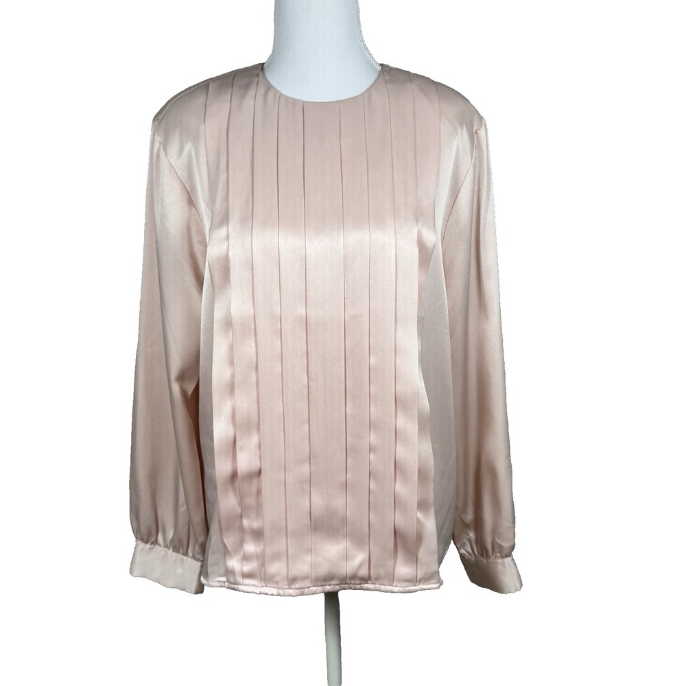 Vintage Baby Pink Satin Pleated Blouse Button Back Minimalist Office Top S/M